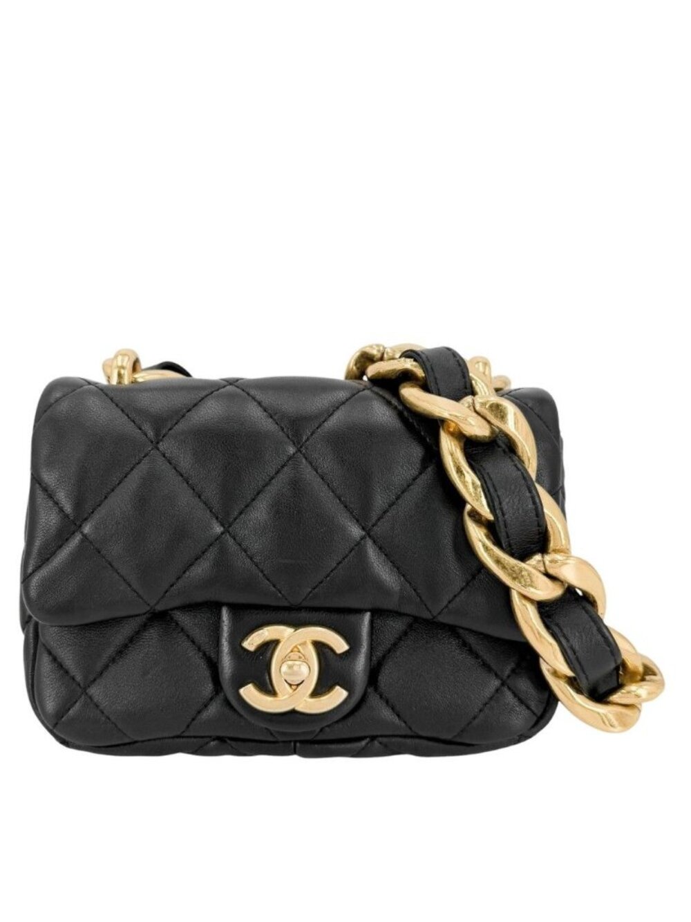 Chanel Shoulder Bag Quilted CC Logo Bag Chain Square Lambskin Black Gold